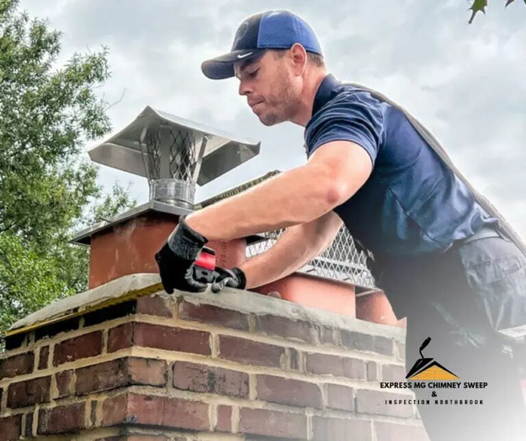 A professional chimney sweep examining a brick chimney with specialized tools, ensuring safe and efficient operation.