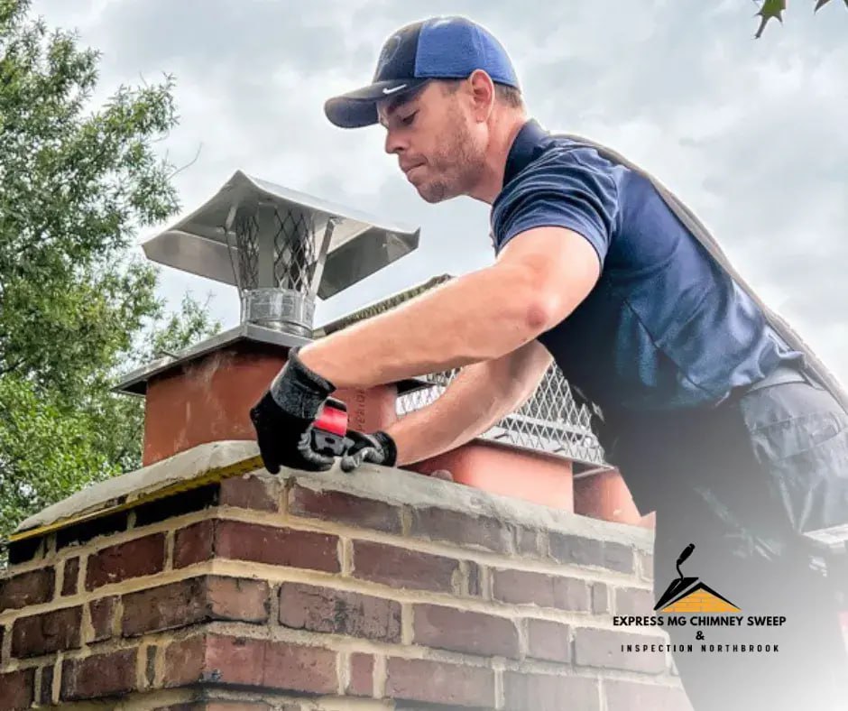 A professional chimney sweep examining a brick chimney with specialized tools, ensuring safe and efficient operation.