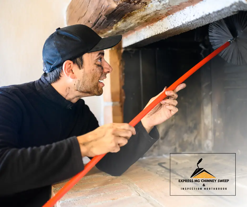 A professional chimney sweep removing soot and creosote buildup inside a residential chimney using a wire brush for better heat retention.