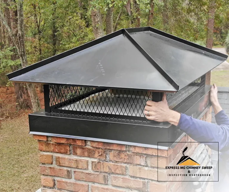 A chimney sweep installing a stainless steel chimney cap to enhance heat retention and prevent drafts.